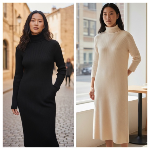 Express Dresses & Skirts - Lot (2) Express Sweater Midi Dress Sz XL 14 16 Ivory Black Ribbed Turtleneck